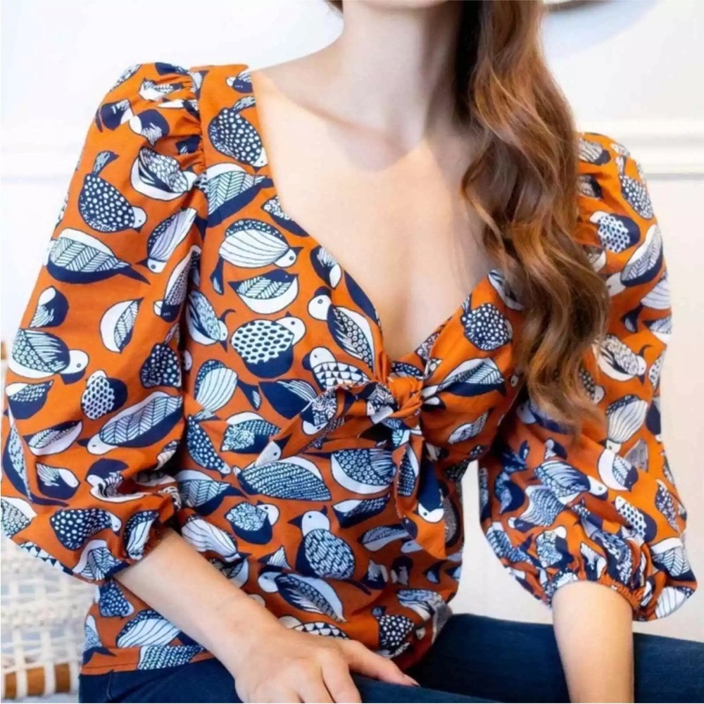 Anthropologie Eva Franco Tropical Bird Blouse Fall Colors, SZ 12